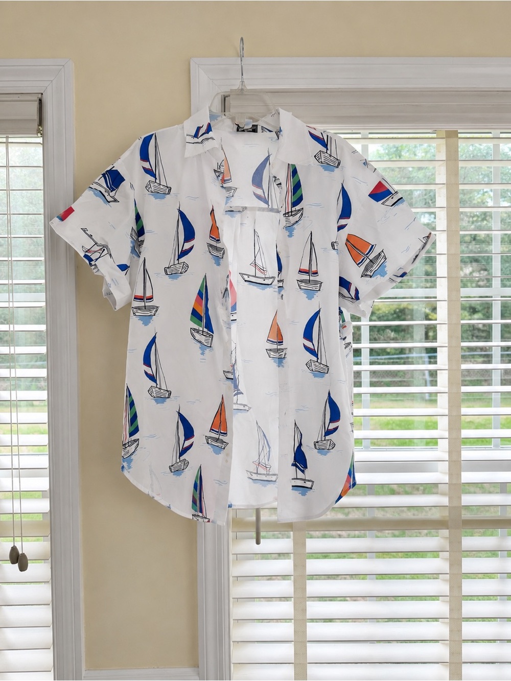 White Sailboat Print Short-Sleeve Blouse
